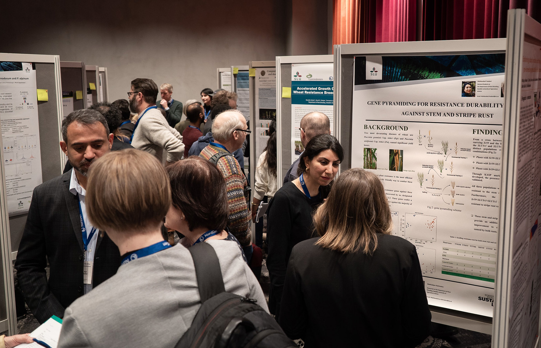 A group of people standing talking and looking at poster stands.